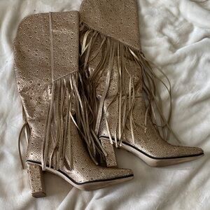 Gold Fringe Knee-High Boots